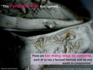 Photo by: Victori A (Flickr)
“This Pandora’s box has opened…
There are too many ways to converse,
each of us has a favored method, and no one
wants to compromise.”
Source: Elizabeth Bernstein, He Texts, She Tweets – Are They E-Compatible?
 