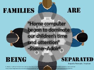 Designed by Photoroyalty - Freepik.com
Families ARE
SeparatedBeing
“Home computer
began to dominate
our children’s time
and attention”
-Steiner-Adair6
6. Bielski, Z. (2013). Portrait of an e-family: How they're making their hyper-digital lives work. THE GLOBE AND MAIL. Retrieved from
http://www.theglobeandmail.com/life/relationships/how-families-are-making-their-hyper-digital-lives-work/article13924931/
 