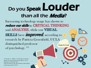 Do you Speak Louder
than all the Media?
Designed by Freepik
Increasing technology usage has shown to
reduce our skills in CRITICAL THINKING
and ANALYSIS, while our VISUAL
SKILLS have improved, according to
research by Patricia Greenfield, UCLA
distinguished professor
of psychology. 10
10. Wolpert, S. (2009). Is technology producing a
decline in critical thinking and analysis?. UCLA
Newsroom. Retrieved from
http://newsroom.ucla.edu/releases/is-technology-
producing-a-decline-79127
 