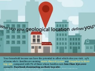 Designed by Freepik
Your household income can have the potential to affect which sites you visit. 14%
of teens who's families are earning more than $75,000 say Snapchat is their
top site, compared with 7% of those whose families earn less than $30,000
annually, Facebook dominating as their top site. 1
1. Lenhart, A. (2015). Teens, Social Media & Technology Overview 2015. Pew Research Center: Internet, Science & Tech. Retrieved 21 October 2016, from
http://www.pewinternet.org/2015/04/09/teens-social-media-technology-2015/
 