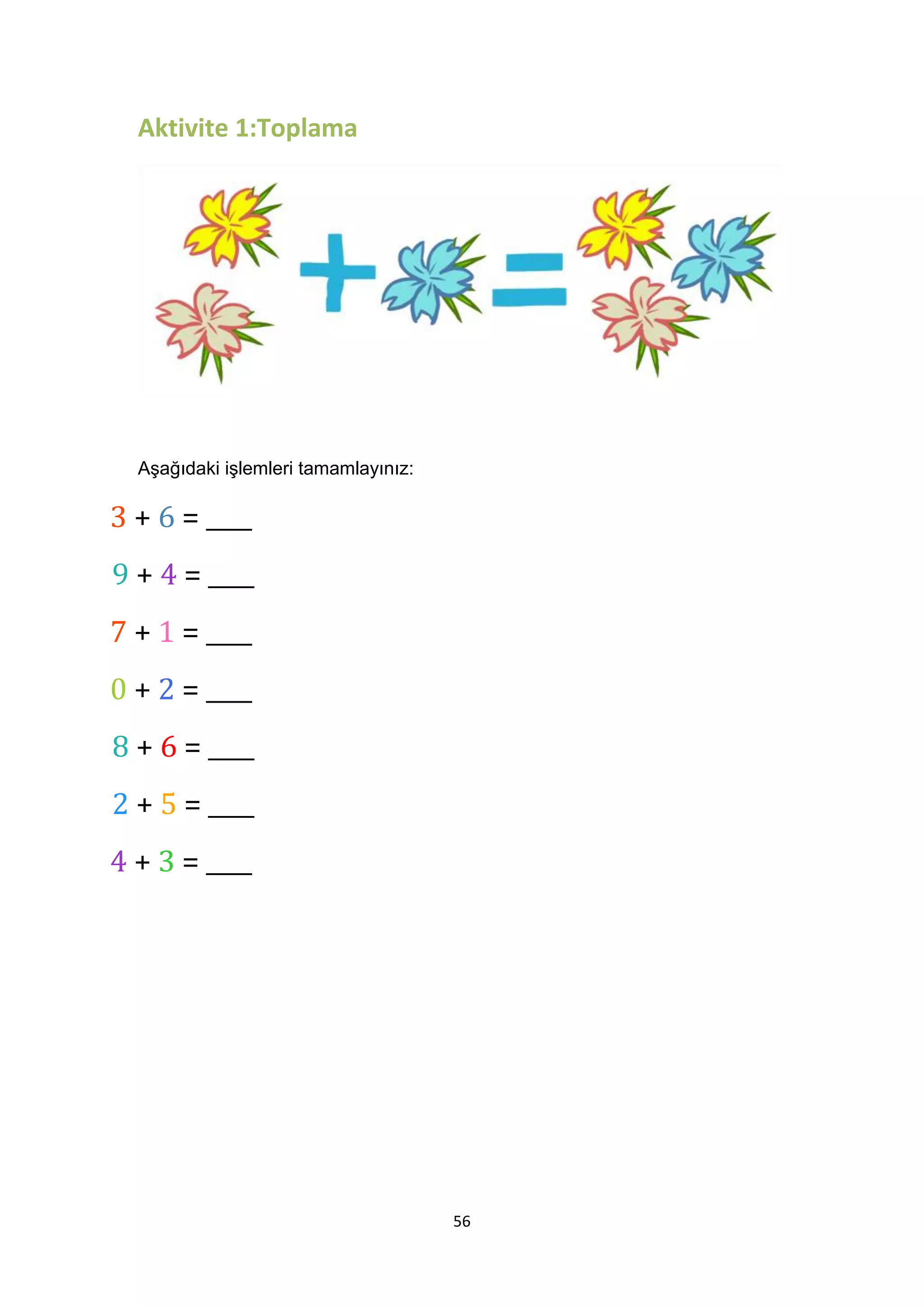 Aktivite 1:Toplama

Aşağıdaki işlemleri tamamlayınız:

3 + 6 = ____
9 + 4 = ____
7 + 1 = ____
0 + 2 = ____
8 + 6 = ____
2 + 5 = ____
4 + 3 = ____

56

 