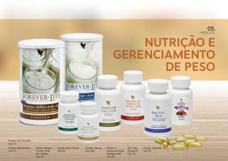 PRODUTOS
05.
Nutrição e
Gerenciamento
de Peso
Forever Lite Chocolate
Cód. 21
Forever Lite Baunilha
Cód. 19
Fields of Greens
Forever Verde
dos Campos
Cód. 68
Forever Garlic-Thyme
Cód. 65
Forever Calcium
Cód. 206
Forever-C
Mistura de Farelo
de Aveia e Mel
Cód. 48
Artic-Sea
(Ômega 3)
Cód. 39
Forever Vitaminas
Cód. 74
 