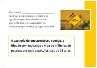 Meu nome é 					 	 ,
sou (falar a sua graduação) e gostaria de
agradecer a possibilidade de estar aqui
apresentando os nossos produtos e a
excepcional oportunidade de negócios Hinode.
A exemplo do que aconteceu comigo, a
Hinode vem mudando a vida de milhares de
pessoas em todo o país, há mais de 28 anos.
 