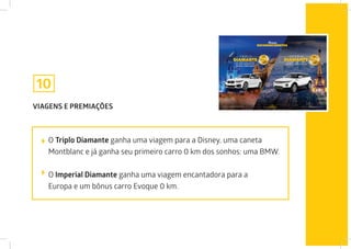 VIAGENS E PREMIAÇÕES
O Triplo Diamante ganha uma viagem para a Disney, uma caneta
Montblanc e já ganha seu primeiro carro 0 km dos sonhos: uma BMW.
O Imperial Diamante ganha uma viagem encantadora para a
Europa e um bônus carro Evoque 0 km.
10
 