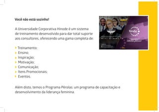 Você não está sozinho!
A Universidade Corporativa Hinode é um sistema
de treinamento desenvolvido para dar total suporte
aos consultores, oferecendo uma gama completa de:
Treinamento;
Ensino;
Inspiração;
Motivação;
Comunicação;
Itens Promocionais;
Eventos.
Além disto, temos o Programa Pérolas: um programa de capacitação e
desenvolvimento da liderança feminina.
 