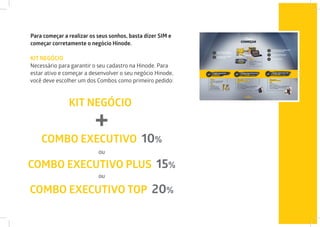 Para começar a realizar os seus sonhos, basta dizer SIM e
começar corretamente o negócio Hinode.
KIT NEGÓCIO
Necessário para garantir o seu cadastro na Hinode. Para
estar ativo e começar a desenvolver o seu negócio Hinode,
você deve escolher um dos Combos como primeiro pedido:
KIT NEGÓCIO
COMBO EXECUTIVO 10%
COMBO EXECUTIVO PLUS 15%
COMBO EXECUTIVO TOP 20%
+
ou
ou
 