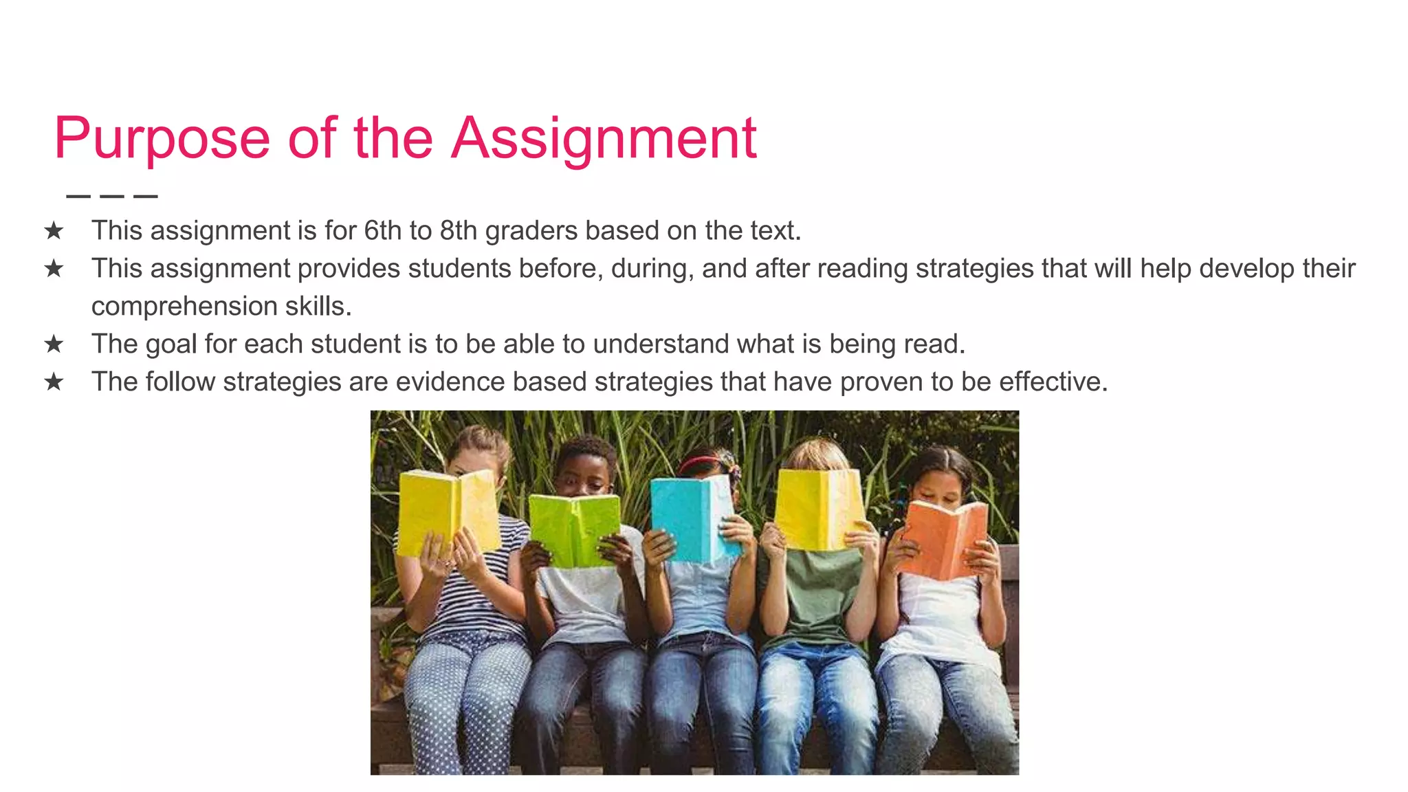 Purpose of the Assignment
★ This assignment is for 6th to 8th graders based on the text.
★ This assignment provides students before, during, and after reading strategies that will help develop their
comprehension skills.
★ The goal for each student is to be able to understand what is being read.
★ The follow strategies are evidence based strategies that have proven to be effective.
 