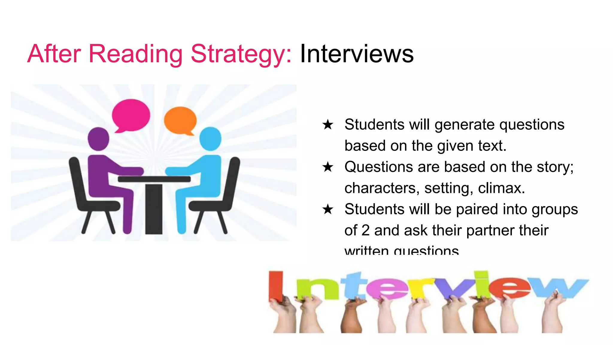 After Reading Strategy: Interviews
★ Students will generate questions
based on the given text.
★ Questions are based on the story;
characters, setting, climax.
★ Students will be paired into groups
of 2 and ask their partner their
written questions.
 