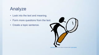 Analyze
• Look into the text and meaning.
• Form more questions from the text.
• Create a topic sentence.
This Photo by Unknown Author is licensed under CC BY-SA-NC
 