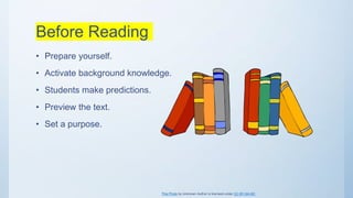 Before Reading
• Prepare yourself.
• Activate background knowledge.
• Students make predictions.
• Preview the text.
• Set a purpose.
This Photo by Unknown Author is licensed under CC BY-SA-NC
 