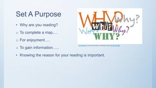 Set A Purpose
• Why are you reading?
o To complete a map….
o For enjoyment….
o To gain information…..
• Knowing the reason for your reading is important.
This Photo by Unknown Author is licensed under CC BY-SA-NC
 