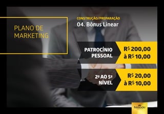 PLANO DE
MARKETING
CONSTRUÇÃO/PREPARAÇÃO
04. Bônus Linear
PATROCÍNIO
PESSOAL
2º AO 5º
NÍVEL
R$ 200,00
à R$ 10,00
R$ 20,00
à R$ 10,00
Consulte o Manual de Negócio ou GPS.
 