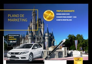 PLANO DE
MARKETING
TRIPLO DIAMANTE
HONDA NEW CIVIC
VIAGEM PARA DISNEY - EUA
CANETA MONTBLANC
*Ver regulamento/regra de qualificação vigente
MÉDIA DE GANHO COMO
TRIPLO
DIAMANTE
R$
80.967
Referência mês de abril/2015.
 