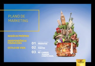 PLANO DE
MARKETING
CONSUMA e REVENDA
PRODUTOS
NEGÓCIO PRÓPRIO
INDEPENDÊNCIA
FINANCEIRA
ESTILO DE VIDA
fotomeramenteilustrativa.
01.
02.
03.
ACUMULE
PONTOS
GANHE
R$ + CARROS
VIAGENS
E MUITO MAIS.
 