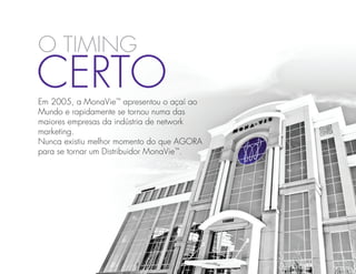 O timing
Certo
Em 2005, a MonaVie™ apresentou o açaí ao
Mundo e rapidamente se tornou numa das
maiores empresas da indústria de network
marketing.
Nunca existiu melhor momento do que AGORA
para se tornar um Distribuidor MonaVie™.
 