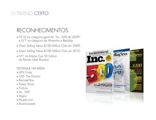 O timing Certo


  RECOnhecimentos
  •   Nº18 na categoria geral da “Inc. 500 de 2009”
      e Nº1 na categoria de Alimentos e Bebidas
  •   D
       irect Selling News $100 Million Club em 2009
  •   D
       irect Selling News $100 Million Club em 2010
  •   Nº1 na Edição Fast 50 Edition
      da Revista Utah Business


  Destaque na Mídia:
  • 
    MTV Cribs
  •  BS’ The Doctors
    C
  •  achael Ray
    R
  •  oday Show
    T
  •  ortune
    F
  • nc. 500
    I
  •  ogue
    V
  •  eople.com
    P
  •  usinessweek
    B
 