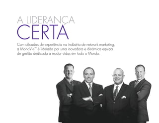 a liderança
Certa
Com décadas de experiência na indústria de network marketing,
a MonaVie™ é liderada por uma inovadora e dinâmica equipa
de gestão dedicada a mudar vidas em todo o Mundo.
 