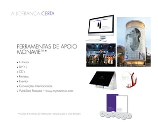 a liderança Certa




  FERRAMENTAS DE APOIO
  MONAVIETM*
  •   Folhetos
  •   DVD´s
  •   CD’s
  •   Revistas
  •   Eventos
  •   Convenções Internacionais
  •   WebSites Pessoais – www.mymonavie.com




  *A compra de ferramentas de marketing não é necessária para se tornar distribuidor
 