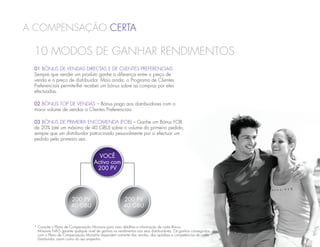 a compensação Certa

 10 MODOS DE GANHAR RENDIMENTOS
 01 BÓNUS DE VENDAS DIRECTAS E DE CLIENTES PREFERENCIAIS
 Sempre que vender um produto ganhe a diferença entre o preço de
 venda e o preço de distribuidor. Mais ainda, o Programa de Clientes
 Preferenciais permite-lhe receber um bónus sobre as compras por eles
 efectuadas.

 02 BÓNUS TOP DE VENDAS – Bónus pago aos distribuidores com o
 maior volume de vendas a Clientes Preferenciais.

 03 BÓNUS DE PRIMEIRA ENCOMENDA (FOB) – Ganhe um Bónus FOB
 de 20% (até um máximo de 40 GBU) sobre o volume do primeiro pedido,
 sempre que um distribuidor patrocinado pessoalmente por si efectuar um
 pedido pela primeira vez.


                                       VOCÊ
                                     Activo com
                                      200 PV




                       200 PV                          200 PV
                       40 GBU                          40 GBU


 * Consulte o Plano de Compensação Monavie para mais detalhes e informação de cada Bónus.
   Monavie NÃO garante qualquer nível de ganhos ou rendimentos aos seus distribuidores. Os ganhos conseguidos 	
   com o Plano de Compensação MonaVie dependem somente das vendas, das aptidões e competências de cada 	
   Distribuidor, assim como do seu empenho.
 