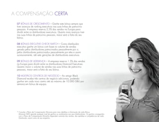 a compensação Certa
 07 BÓNUS DE CRESCIMENTO – Ganhe este bónus sempre que
 tiver avanços de ranking executivos nas suas linhas de patrocínio
 pessoais. A empresa reserva 2,5% das vendas na Europa para
 dividir entre os distribuidores executivos. Quanto mais avanços tiver
 nas suas linhas de patrocínio pessoais, maior será a fatia do seu
 bónus.

 08 BÓNUS EXECUTIVE CHECK MATCH – Como distribuidor
 executivo ganhe um bónus com base no volume de vendas
 gerado pelos distribuidores patrocinados pessoalmente por si,
 pelos distribuidores patrocinados pessoalmente por eles e assim
 sucessivamente, até sete gerações de distribuidores executivos.

 09 BÓNUS DE LIDERANÇA – A empresa reserva 1.5% das vendas
 na Europa para dividir entre os distribuidores Diamond Executives.
 Quanto maior o volume de vendas nas suas linhas de patrocínio
 pessoais, maior será a fatia do seu bónus.

 10 MÚLTIPLOS CENTROS DE NEGÓCIO – Ao atingir Black
 Diamond receba três centros de negócio adicionais, podendo
 ganhar em cada novo centro até ao máximo de 10.000 GBU por
 semana em bónus de equipa.




 * Consulte o Plano de Compensação Monavie para mais detalhes e informação de cada Bónus.
   Monavie NÃO garante qualquer nível de ganhos ou rendimentos aos seus distribuidores. Os ganhos conseguidos 	
   com o Plano de Compensação MonaVie dependem somente das vendas, das aptidões e competências de cada 	
   Distribuidor, assim como do seu empenho.
 