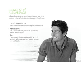 Como se vê
a si mesmo?
Independentemente do grau de envolvimento que você
escolher, a MonaVie terá sempre algo para lhe oferecer.


•   C
     liente Preferencial
    Estou interessado em consumir os produtos Monavie.

•   D
     istribuidor
    Estou interessado em ganhar um rendimento
    extra a tempo parcial.
•   L
     íder
    Estou interessado em desenvolver o negócio
    Monavie a longo prazo com grande sucesso
    e rentabilidade.
 