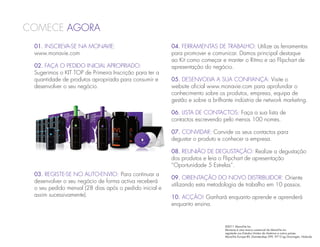 comece agora
 01. Inscreva-se na Monavie:                            04. Ferramentas de trabalho: Utilize as ferramentas
 www.monavie.com                                        para promover e comunicar. Damos principal destaque
                                                        ao Kit como começar e manter o Ritmo e ao Flipchart de
 02. Faça o pedido inicial apropriado:                  apresentação do negócio.
 Sugerimos o KIT TOP de Primeira Inscrição para ter a
 quantidade de produtos apropriada para consumir e      05. Desenvolva a sua confiança: Visite o
 desenvolver o seu negócio.                             website oficial www.monavie.com para aprofundar o
                                                        conhecimento sobre os produtos, empresa, equipa de
                                                        gestão e sobre a brilhante indústria de network marketing.

                                                        06. Lista de contactos: Faça a sua lista de
                                                        contactos escrevendo pelo menos 100 nomes.

                                                        07. Convidar: Convide os seus contactos para
                                                        degustar o produto e conhecer a empresa.

                                                        08. Reunião de degustação: Realize a degustação
                                                        dos produtos e leia o Flipchart de apresentação
                                                        “Oportunidade 5 Estrelas”.
 03. Registe-se no auto-envio: Para continuar a
                                                        09. Orientação do novo distribuidor: Oriente
 desenvolver o seu negócio de forma activa receberá
                                                        utilizando esta metodologia de trabalho em 10 passos.
 o seu pedido mensal (28 dias após o pedido inicial e
 assim sucessivamente).                                 10. Acção! Ganhará enquanto aprende e aprenderá
                                                        enquanto ensina.


                                                                              ©2011 MonaVie Inc.
                                                                              Monavie é uma marca comercial da MonaVie Inc.
                                                                              registada nos Estados Unidos da América e outros países.
                                                                              MonaVie Europe BV, Damsterdiep 299, 9713 eg Groningen, Holanda
 