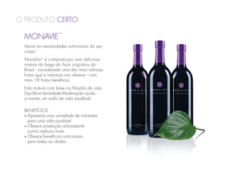 O Produto Certo

 MONAVIE
                   ™



 Apoia as necessidades nutricionais do seu
 corpo.
 MonaVie™ é composta por uma deliciosa
 mistura da baga do Açaí originária do
 Brasil - considerada uma das mais valiosas
 frutas que a natureza nos oferece - com
 mais 18 frutos benéficos.
 Esta mistura com base na filosofia de vida
 Equilíbrio-Variedade-Moderação ajuda
 a manter um estilo de vida saudável.

 BENEFÍCIOS
 •  presenta uma variedade de nutrientes
   A
   para uma vida saudável
 •  ferece protecção antioxidante
   O
   contra radicais livres
 •  ferece benefícios nutricionais
   O
   para todas as idades
 