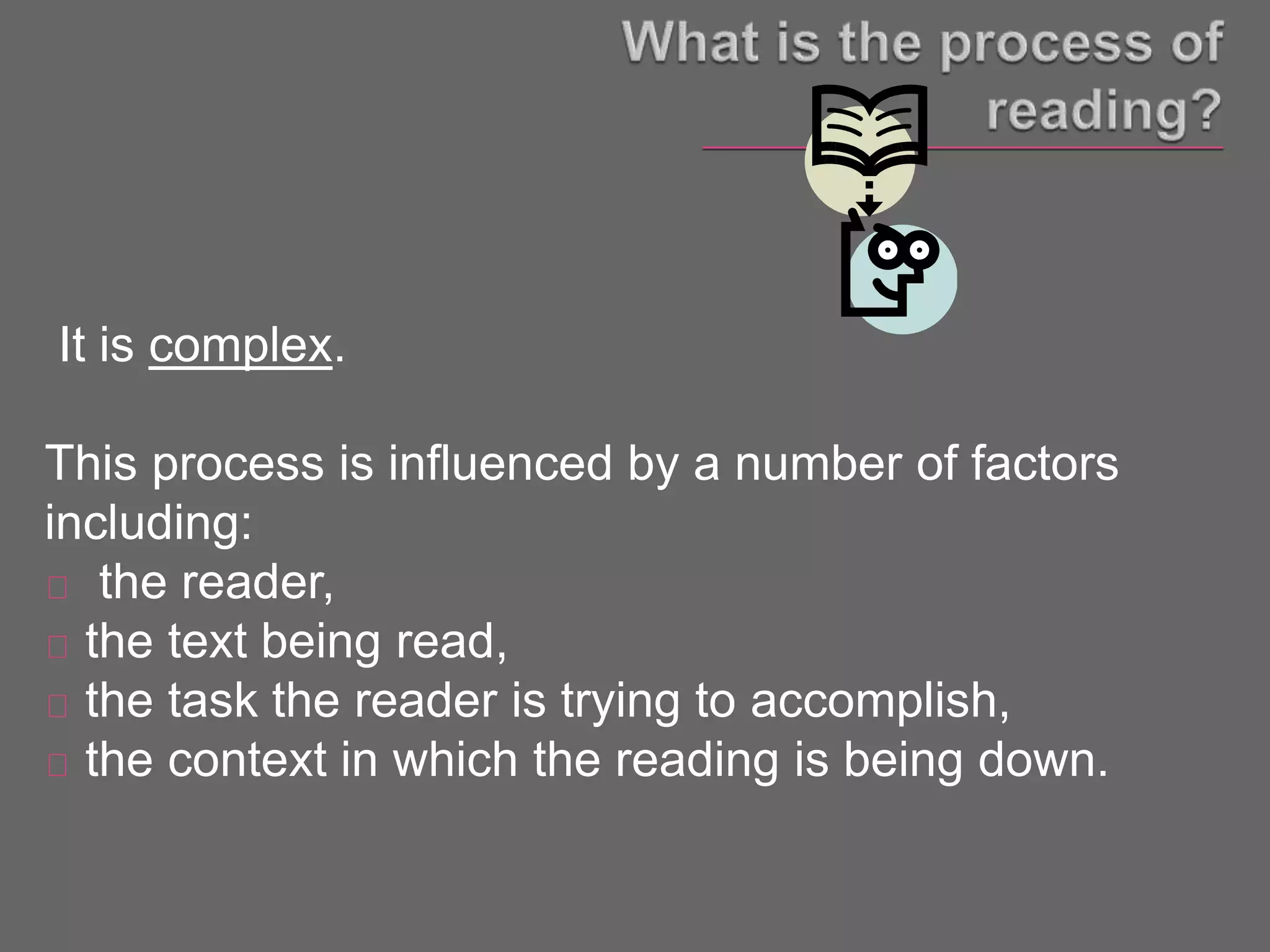 It is complex.
This process is influenced by a number of factors
including:
the reader,
the text being read,
the task the reader is trying to accomplish,
the context in which the reading is being down.
 