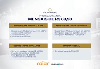 PROTEÇÃO FAMÍLIA
MENSAIS DE R$ 69,90
ASSISTÊNCIAS PERSONAL CARE ASSISTÊNCIAS DOENÇAS GRAVES
SEGURO MORTE E INVALIDEZ LOTERIA FEDERAL
• Desconto em Medicamentos (15% a 60%)
• Assistência Residencial
• Assistência Veicular
• Assistência Nutricional
• Desconto em Medicamentos (15% a 60%)
• Serviços de Segunda Opinião Médica
• Serviços de Assistência Nutricional
• Morte por qualquer causa (R$ 50.000)
• Invalidez por acidente (R$ 50.000)
• Doenças Graves (R$ 20.000)
• Assistência Funeral (R$ 5.500)
• Sorteio semanal de R$50.000
 