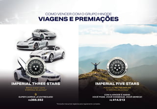 COMO VENCER COM O GRUPO HINODE
VIAGENS E PREMIAÇÕES
IMPERIAL THREE STARS
Bônus super carro.
8 Milhões de pontos*
9
SUPER CARROS JÁ ENTREGUES!
R$366.552
IMPERIAL FIVE STARS
Prêmio de R$ 750.000,00
12 Milhões de pontos*
COM A HINODE É ASSIM:
VOCÊ PODE, VOCÊ CONSEGUE, VOCÊ MERECE!
R$ 414.513
*Consulte manual de negócios para regulamento completo.
 