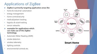 Applications of ZigBee
 ZigBee is primarily targeting application areas like
• home & industrial automation
• energy management
• home control/security
• medical/patient tracking
• logistics & asset tracking
• sensor networks
 examples for applications which
can make use of the ZigBee
technology.
• Automatic Meter Reading (AMR)
• smoke detectors
• wireless telemetry
• lighting controls
• environmental controls etc.
 