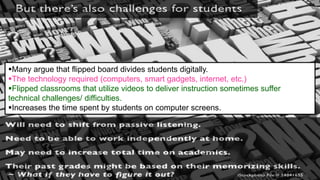 Suresh Babu G
Many argue that flipped board divides students digitally.
The technology required (computers, smart gadgets, internet, etc.)
Flipped classrooms that utilize videos to deliver instruction sometimes suffer
technical challenges/ difficulties.
Increases the time spent by students on computer screens.
 