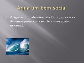  A água é um patrimônio da Terra , e por isso
devemos preserva-la se não vamos acabar
morrendo.
 