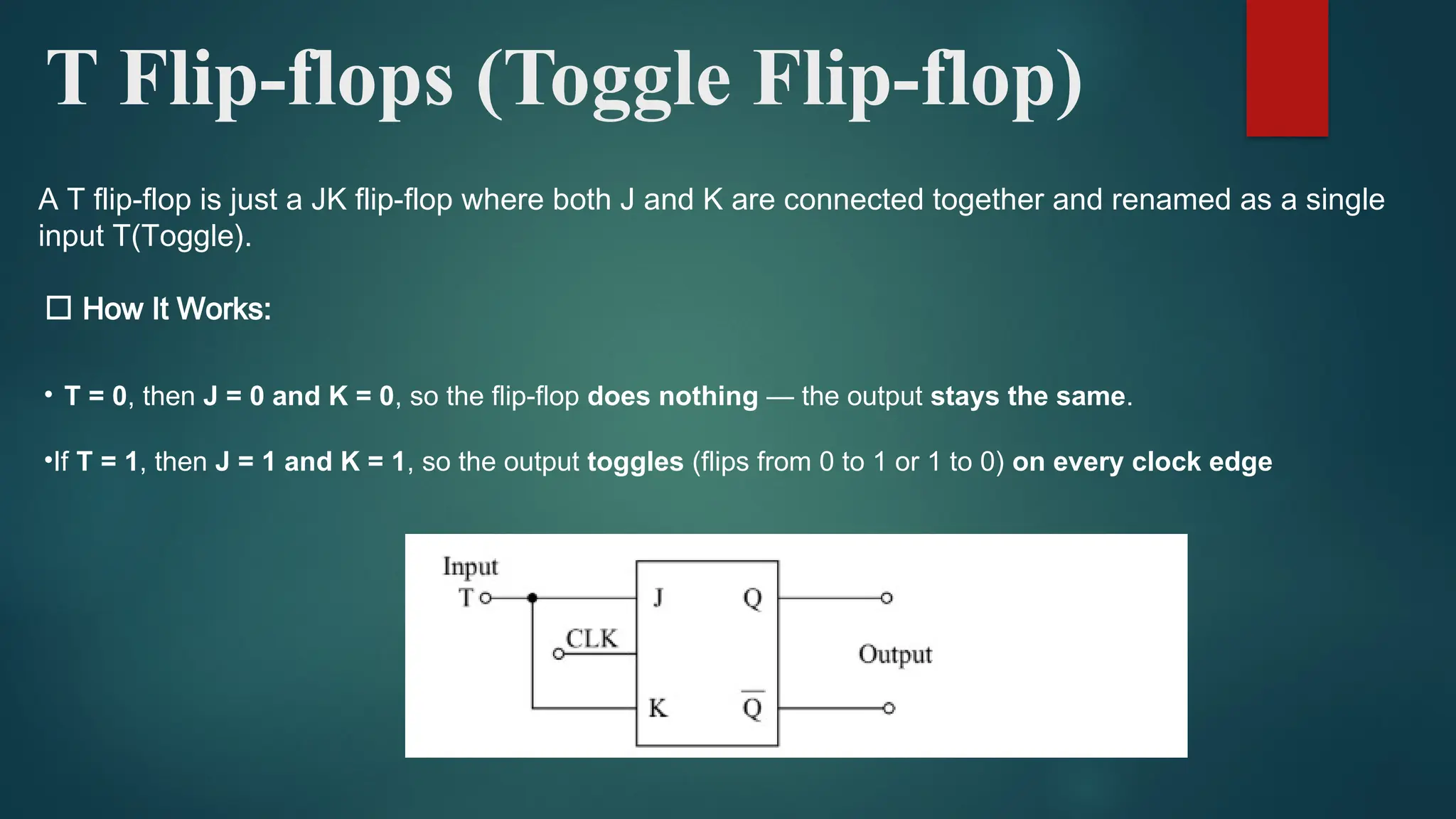 T Flip-flops (Toggle Flip-flop)
A T flip-flop is just a JK flip-flop where both J and K are connected together and renamed as a single
input T(Toggle).
🔧 How It Works:
• T = 0, then J = 0 and K = 0, so the flip-flop does nothing — the output stays the same.
•If T = 1, then J = 1 and K = 1, so the output toggles (flips from 0 to 1 or 1 to 0) on every clock edge
 