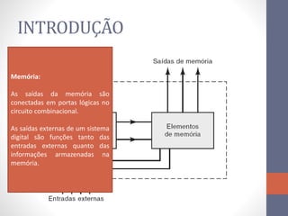 INTRODUÇÃO
Memória:
As saídas da memória são
conectadas em portas lógicas no
circuito combinacional.
As saídas externas de um sistema
digital são funções tanto das
entradas externas quanto das
informações armazenadas na
memória.
 