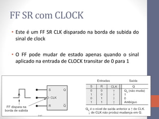 FF SR com CLOCK
• Este é um FF SR CLK disparado na borda de subida do
sinal de clock
• O FF pode mudar de estado apenas quando o sinal
aplicado na entrada de CLOCK transitar de 0 para 1
 