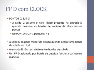 FF D com CLOCK
• PONTOS D, E, F, G
• A saída Q assume o nível lógico presente na entrada D
quando ocorrem as bordas de subidas de clock nesses
pontos
• No PONTO E Q = 1 porque D = 1
• A saída Q só pode mudar de estado quando ocorre uma borda
de subida no clock
• A entrada D não tem efeito entre bordas de subida
• Um FF D acionado por borda de descida funciona da mesma
maneira
 