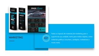 MARKETING MKT
Todos os layouts de materiais de marketing para o
suporte da sua unidade, tanto para mídias digitais, como
materiais gráficos (vouchers, cardápios, moleskines e
muito mais).
 