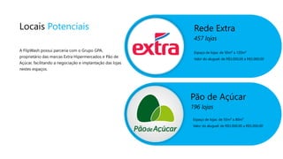 Espaço de lojas: de 50m² a 120m²
Valor do aluguel: de R$3.000,00 a R$5.000,00
Rede Extra
457 lojas
Pão de Açúcar
196 lojas
Locais Potenciais
A FlipWash possui parceria com o Grupo GPA,
proprietário das marcas Extra Hipermercados e Pão de
Açúcar, facilitando a negociação e implantação das lojas
nestes espaços.
Espaço de lojas: de 50m² a 80m²
Valor do aluguel: de R$3.000,00 a R$5.000,00
 