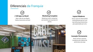 +120 lojas no Brasil
Maior rede de Lava-Rápido
Estética Automotiva do Brasil
Inovação Permanente
Novos serviços e técnicas
inovadoras para melhoria de
performance das lojas
Marketing Completo
Marketing inicial e campanhas
permanentes para aquisição de
clientes
Diferenciais da Franquia
Layout Moderno
Nosso Layout foi desenvolvido
exclusivamente para ser uma
Loja de Boutique Automotiva,
para apaixonados por carro.
 