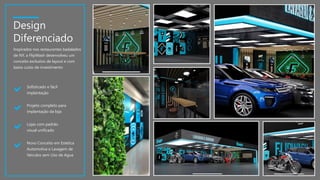 Lojas com padrão
visual unificado
Novo Conceito em Estetica
Automotiva e Lavagem de
Veiculos sem Uso de Agua
Projeto completo para
implantação da loja
Sofisticado e fácil
implantação
Design
Diferenciado
Inspirados nos restaurantes badalados
de NY, a FlipWash desenvolveu um
conceito exclusivo de layout e com
baixo custo de investimento
 