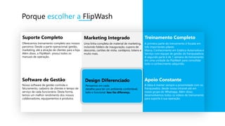 Suporte Completo Treinamento Completo
Apoio Constante
Marketing Integrado
Software de Gestão Design Diferenciado
Oferecemos treinamento completo aos nossos
parceiros: Desde a parte operacional, gestão,
marketing, até a atração de clientes para a loja.
Além disso, a FlipWash possui todos os
manuais de operação.
Uma linha completa de material de marketing,
incluindo folders de inauguração, cupons de
desconto, cartões de visita, cardápios, totens e
muito mais.
A primeira parte do treinamento é focada em
três importantes pilares:
Marca, Conhecimento em Estética Automotiva e
Serviço com equipe de gestão da franqueadora.
A segunda parte é de 1 semana de treinamento
em uma unidade da FlipWash para consolidar
todo o conhecimento adquirido.
Nosso software de gestão controla o
faturamento, cadastro de clientes e tempo de
serviço de cada funcionário. Desta forma,
temos um melhor rendimento dos nossos
colaboradores, equipamentos e produtos.
Pensamos em cada
detalhe para ter um ambiente confortável,
belo e funcional. Isso faz diferença.
A ideia é manter sempre a proximidade com os
franqueados, desde nossa intranet até em
nosso grupo do Whatsapp. Além disso,
desenvolvemos todos os vídeos de treinamento
para suporte à sua operação.
Porque escolher a FlipWash
 