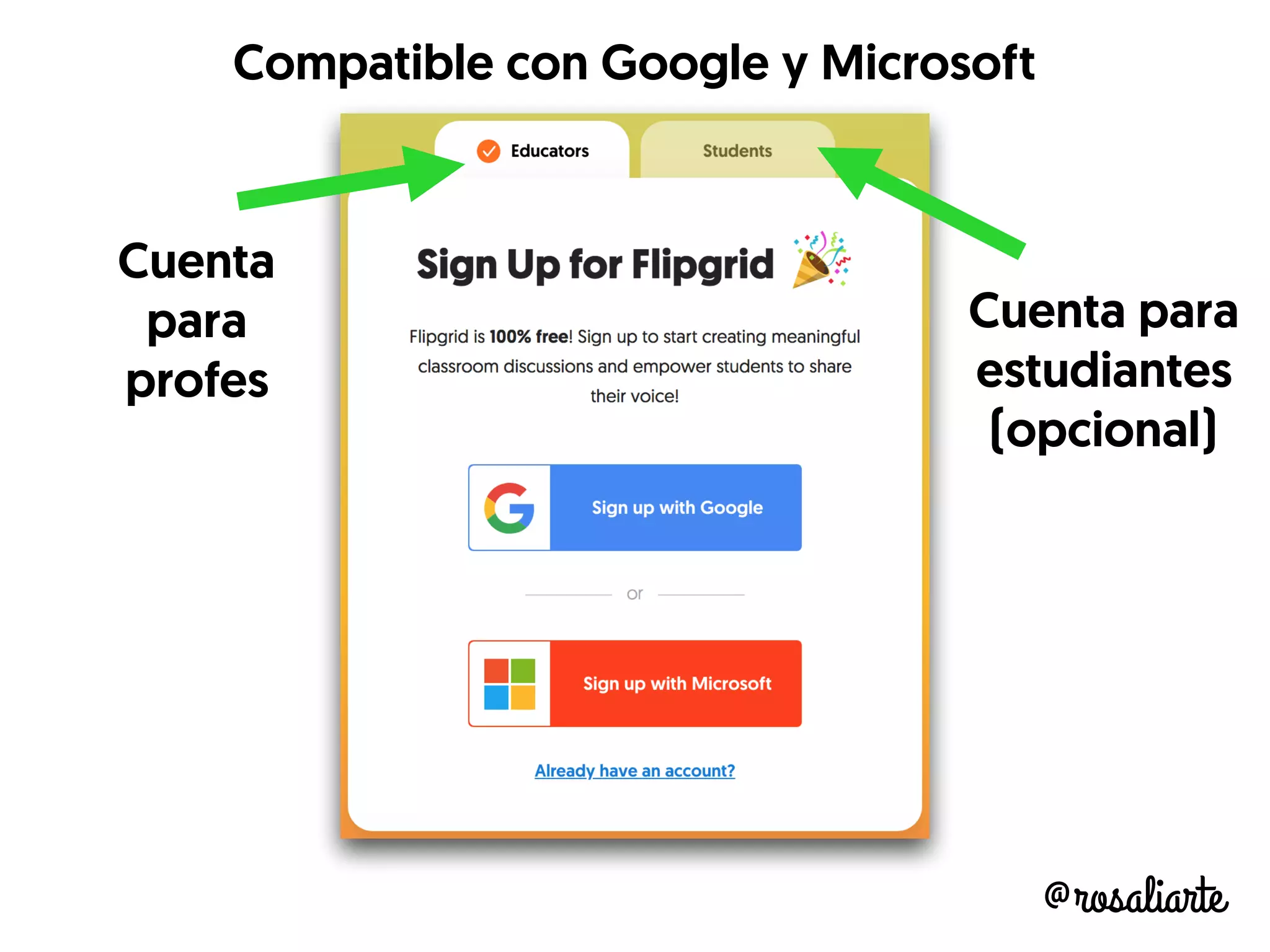 Compatible con Google y Microsoft
Cuenta
para
profes
Cuenta para
estudiantes
(opcional)
@rosaliarte
 