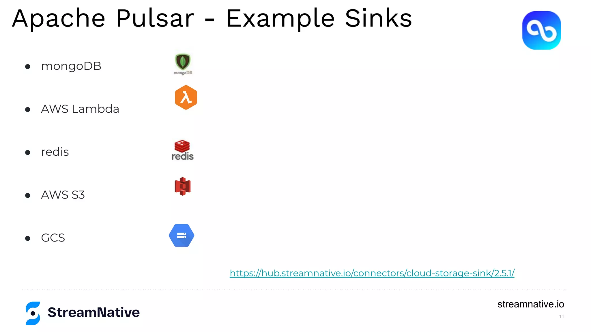 11
streamnative.io
Apache Pulsar - Example Sinks
https://hub.streamnative.io/connectors/cloud-storage-sink/2.5.1/
● mongoDB
● AWS Lambda
● redis
● AWS S3
● GCS
 