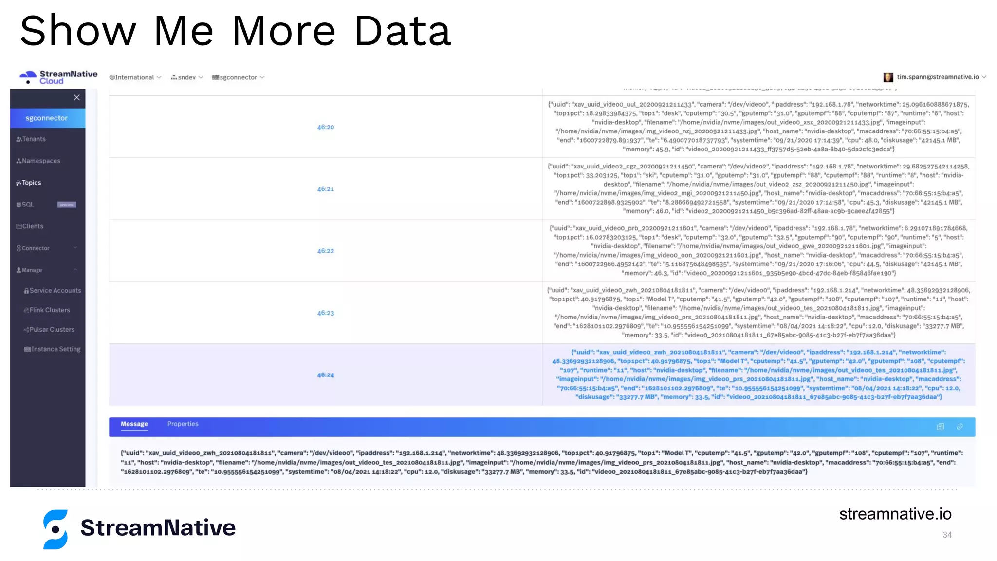34
streamnative.io
Show Me More Data
 
