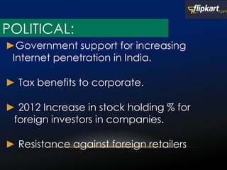 ►Government support for increasing
Internet penetration in India.
► Tax benefits to corporate.
► 2012 Increase in stock holding % for
foreign investors in companies.
► Resistance against foreign retailers
POLITICAL:
 