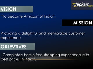 “To become Amazon of India”.
Providing a delightful and memorable customer
experience
“Completely hassle free shopping experience with
best prices in India”.
VISION
MISSION
OBJEVTIVES
 