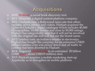  2010: WeRead, a social book discovery tool.
 2011: Mime360, a digital content platform company.
 2011: Chakpak.com, a Bollywood news site that offers
updates, news, photos and videos. Flipkart acquired the
rights to Chakpak's digital catalogue which includes 40,000
filmographies, 10,000 movies and close to 50,000 ratings.
Flipkart has categorically said that it will not be involved
with the original site and will not use the brand name.
 2012: Letsbuy.com, an Indian e-retailer in electronics.
Flipkart has bought the company for an estimated US$25
million.Letsbuy.com was closed down and all traffic to
Letsbuy has been diverted to Flipkart.
 2014: Acquired Myntra.com in an estimated 20 billion
(2,000 crore, about US$319 million) deal.
 2015: Flipkart acquires a mobile marketing start-up
Appiterate as to strengthen its mobile platform.
 