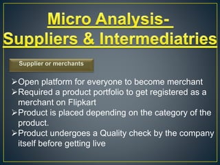 Supplier or merchants
Open platform for everyone to become merchant
Required a product portfolio to get registered as a
merchant on Flipkart
Product is placed depending on the category of the
product.
Product undergoes a Quality check by the company
itself before getting live
 
