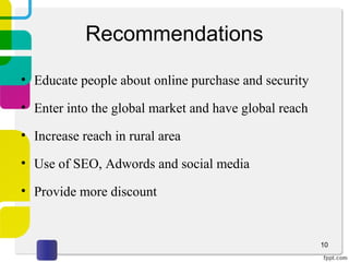 Recommendations
• Educate people about online purchase and security
• Enter into the global market and have global reach
• Increase reach in rural area
• Use of SEO, Adwords and social media
• Provide more discount
10